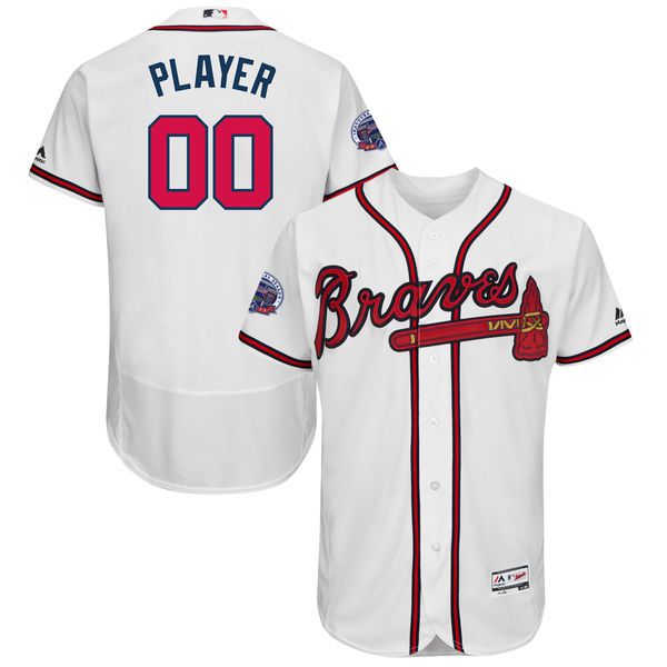 Men Atlanta Braves Majestic Home White 2017 Authentic Flex Base Custom MLB Jersey with Commemorative Patch